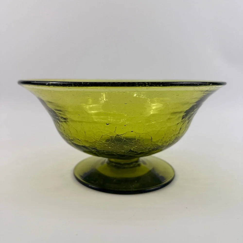 Blenko 931 Chartreuse Green Crackle Glass Footed Bowl Mid Century Modern MCM